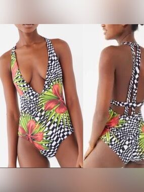 Urban outfitters out from under deep plunge checkered one piece swimsuit sz s